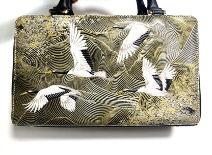 Vintage kimono handbag - synthetic black leather with textured golden cranes pattern