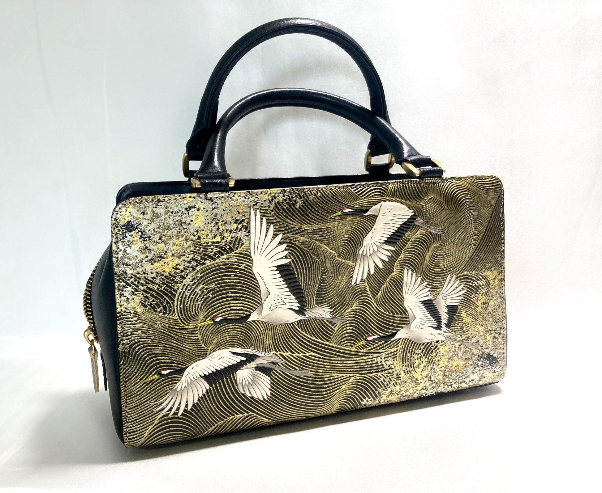 Vintage kimono handbag - synthetic black leather with textured golden cranes pattern