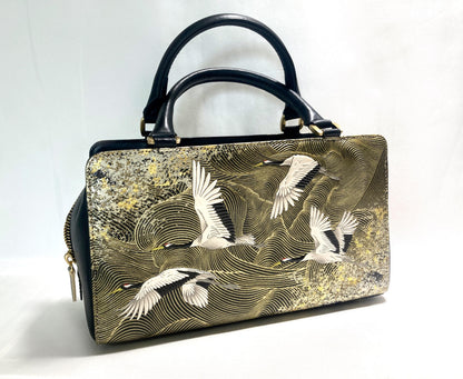 Vintage kimono handbag - synthetic black leather with textured golden cranes pattern