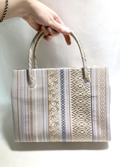 Vintage obi remake handbag - pastel gray stripes - medium size