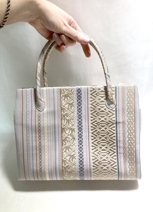 Vintage obi remake handbag - pastel gray stripes - medium size