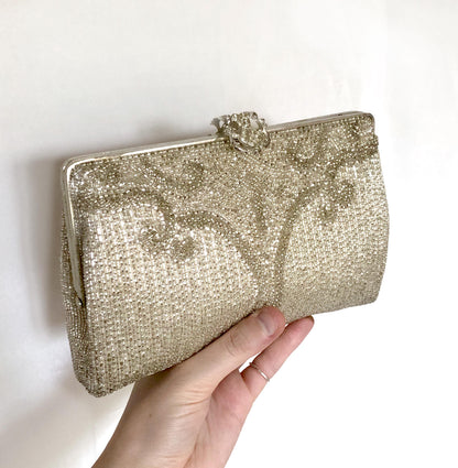 Vintage kimono handbag - 2-way beaded silver with ornamental clasp