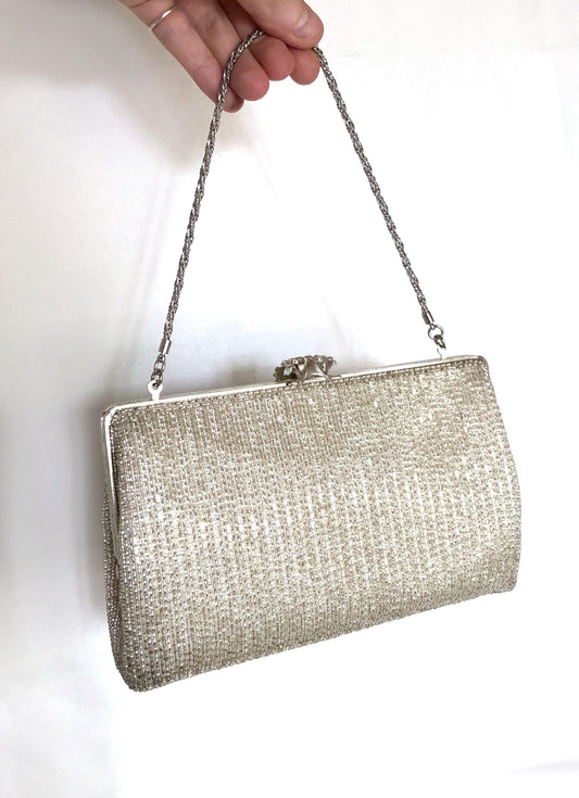 Vintage kimono handbag - 2-way beaded silver with ornamental clasp