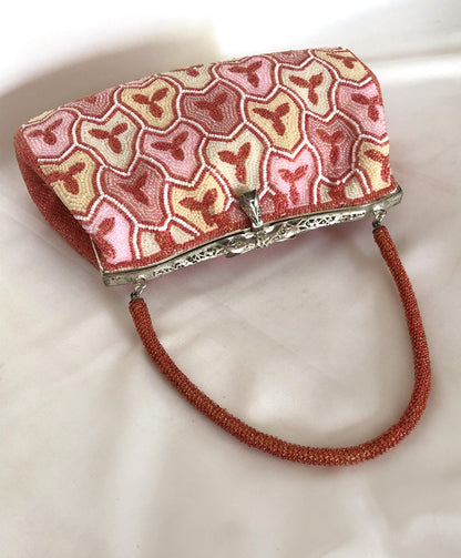 Vintage beaded kimono handbag - geometric coral, pink, and cream