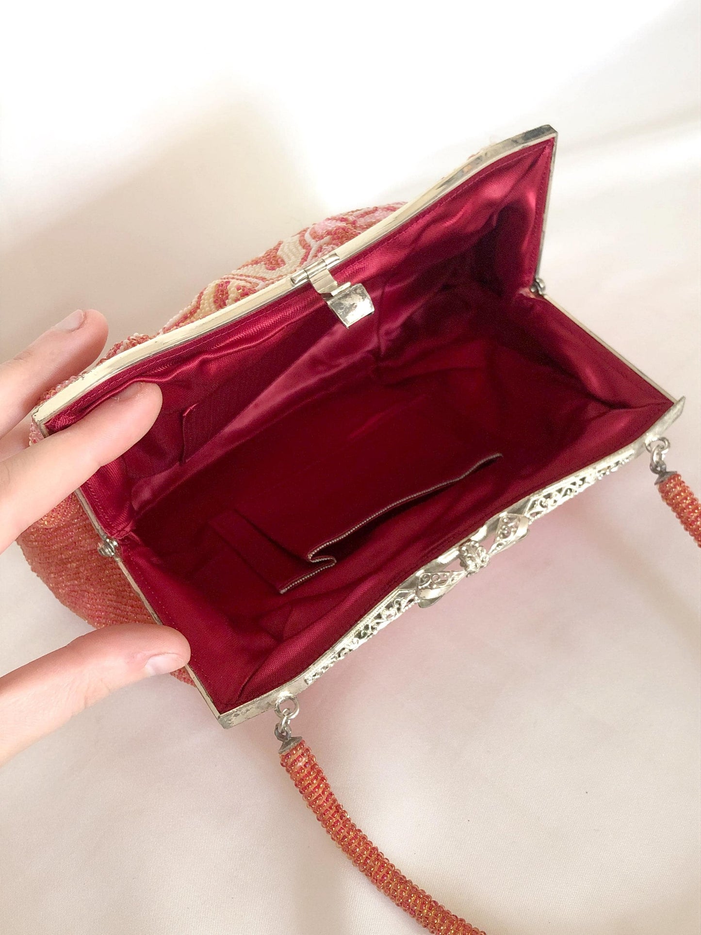 Vintage beaded kimono handbag - geometric coral, pink, and cream