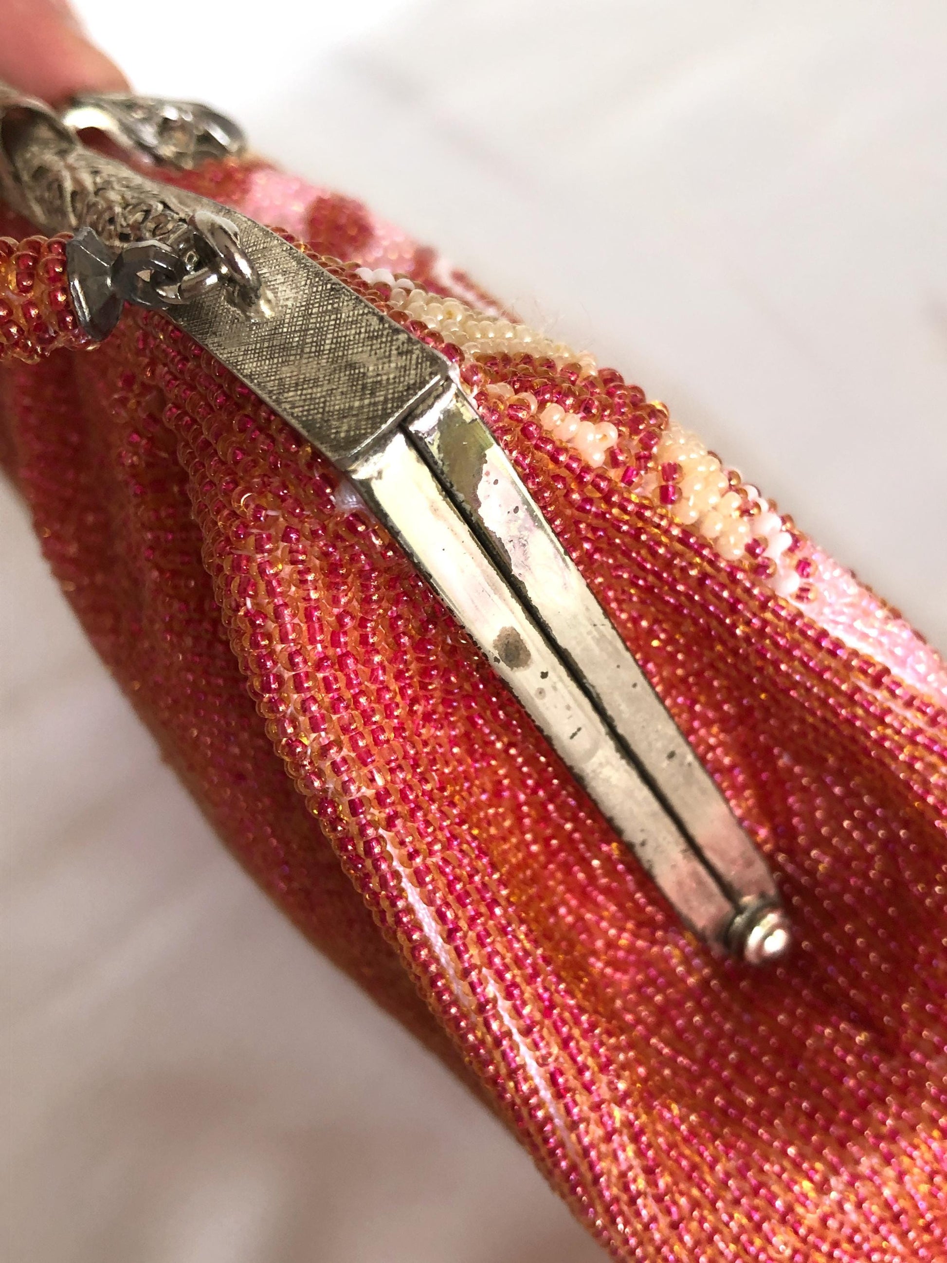 Vintage beaded kimono handbag - geometric coral, pink, and cream