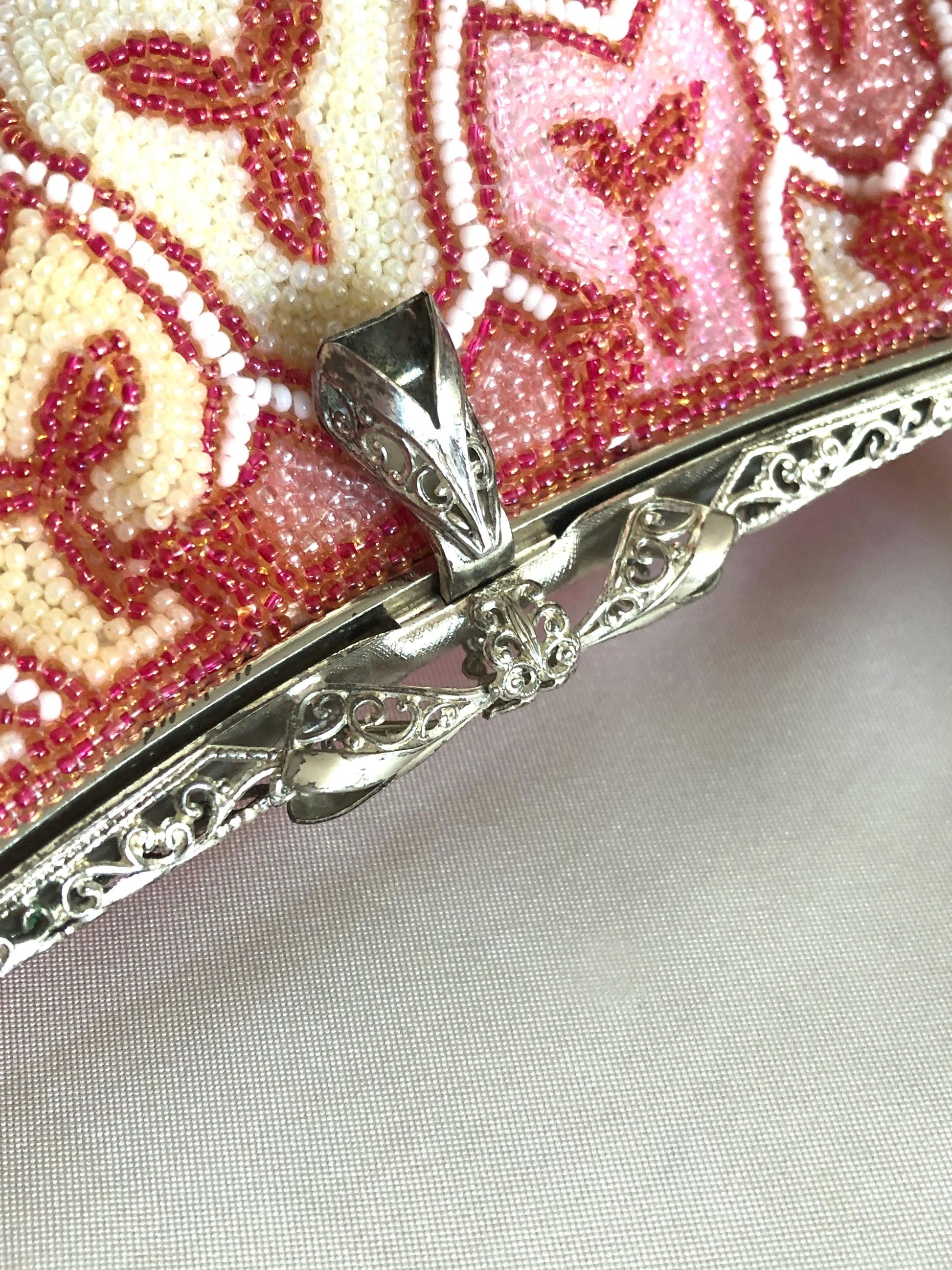 Vintage beaded kimono handbag - geometric coral, pink, and cream