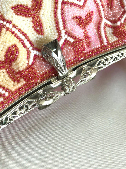 Vintage beaded kimono handbag - geometric coral, pink, and cream
