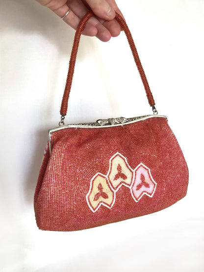 Vintage beaded kimono handbag - geometric coral, pink, and cream