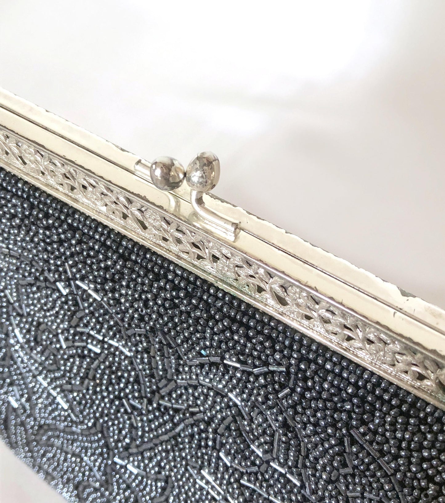 Vintage kimono handbag - beaded steel/black acanthus leaves