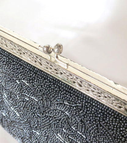Vintage kimono handbag - beaded steel/black acanthus leaves