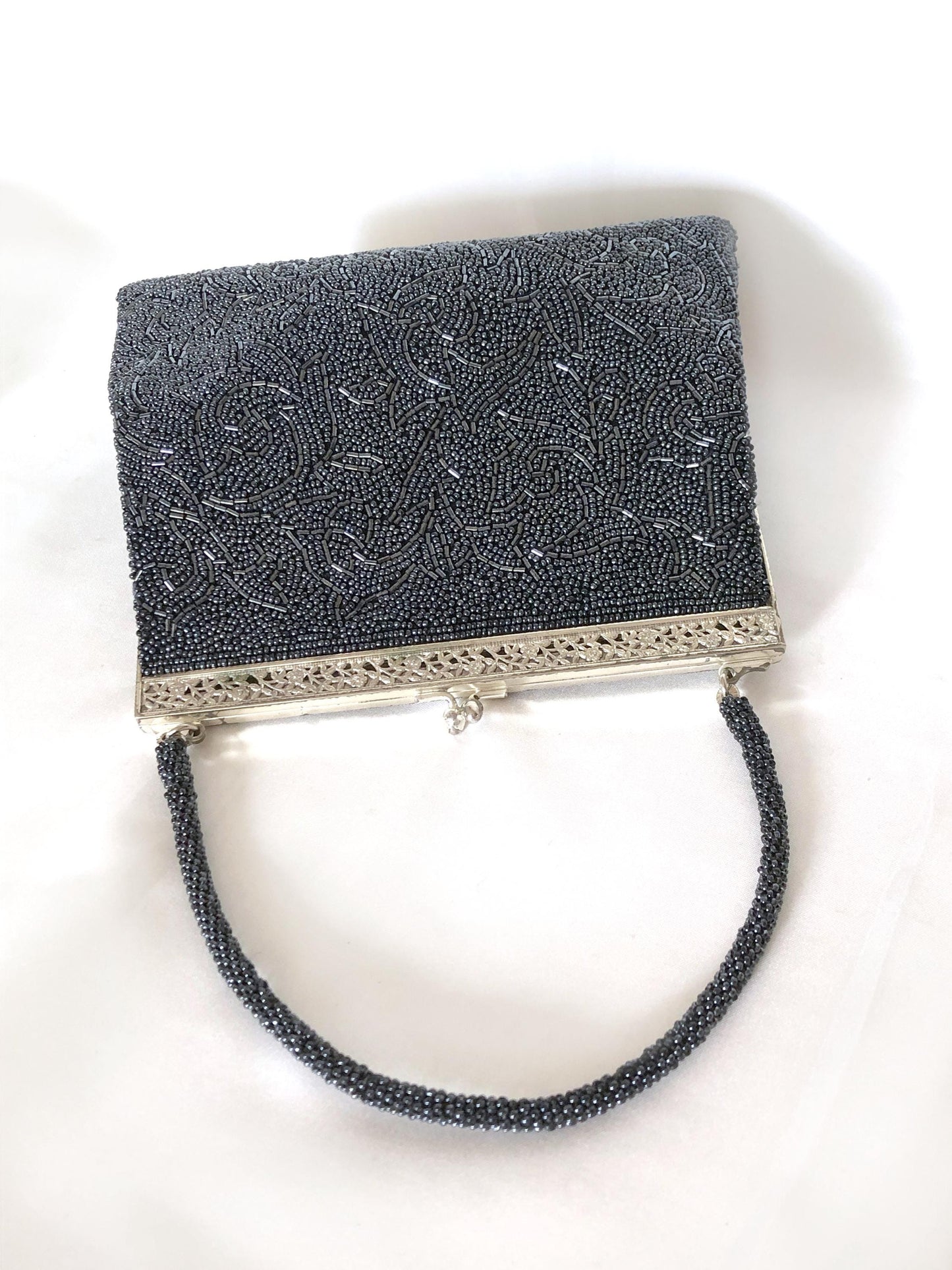 Vintage kimono handbag - beaded steel/black acanthus leaves
