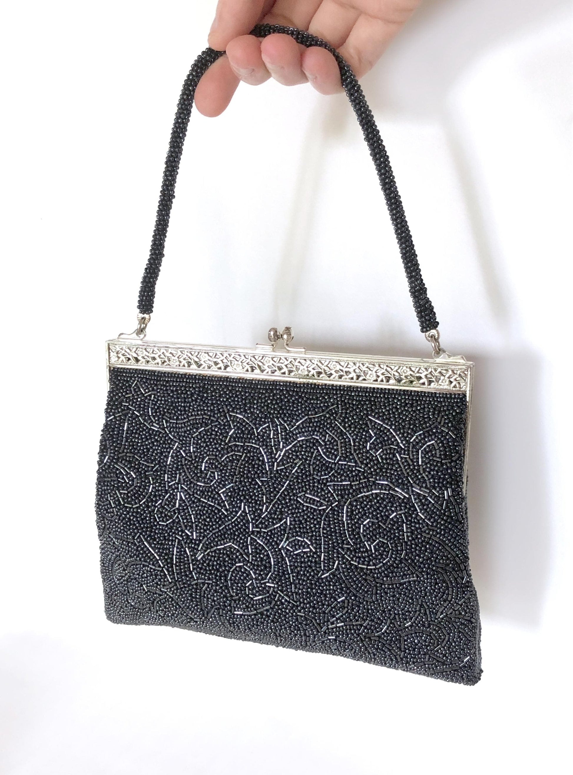 Vintage kimono handbag - beaded steel/black acanthus leaves