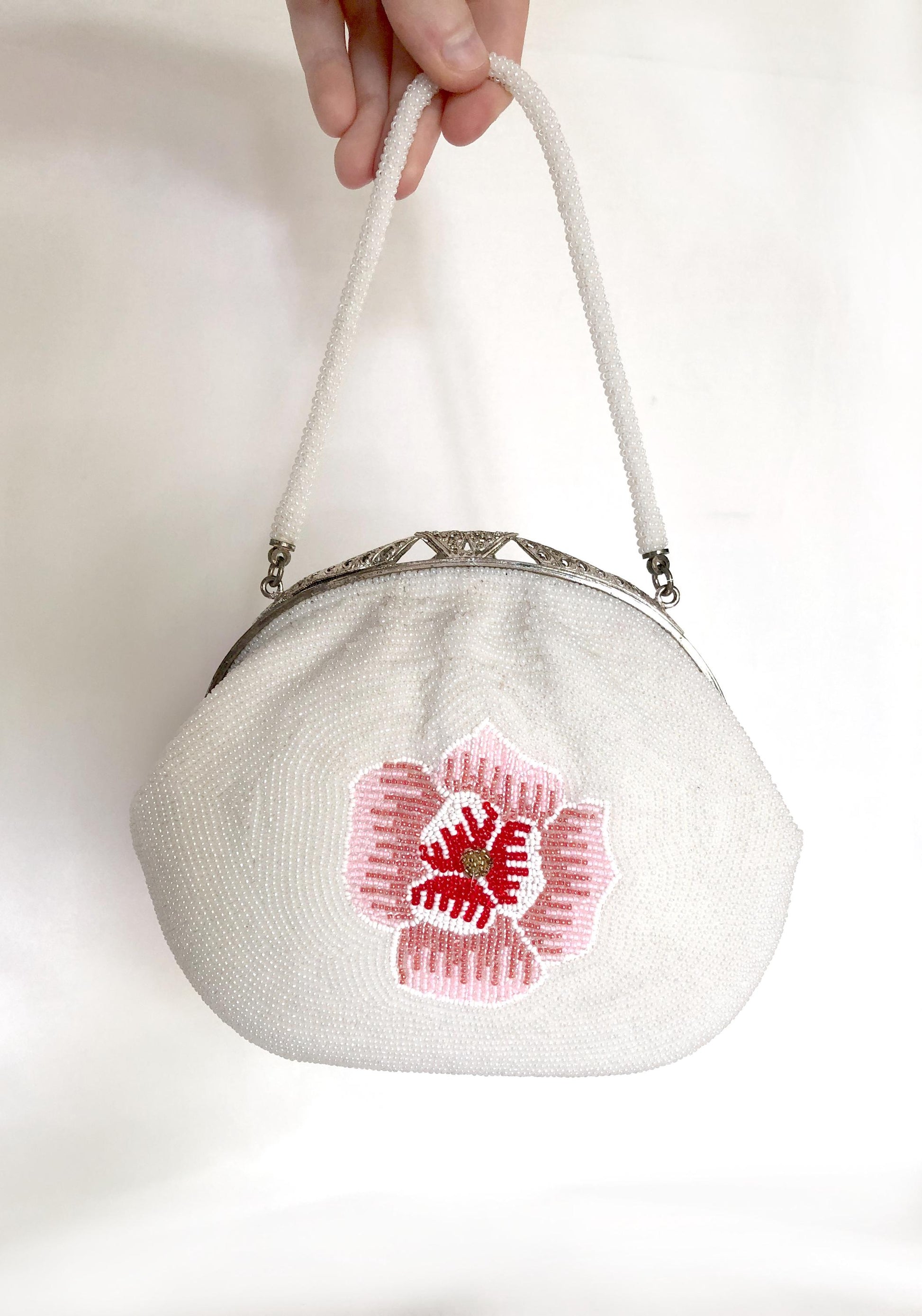 Mini vintage kimono handbag - beaded white and pink flowers