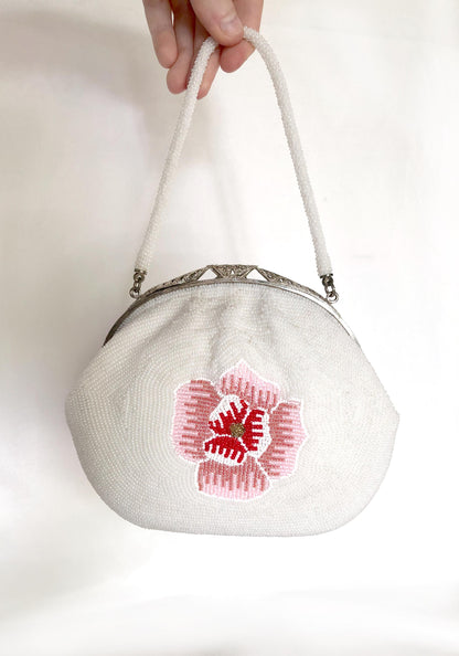 Mini vintage kimono handbag - beaded white and pink flowers