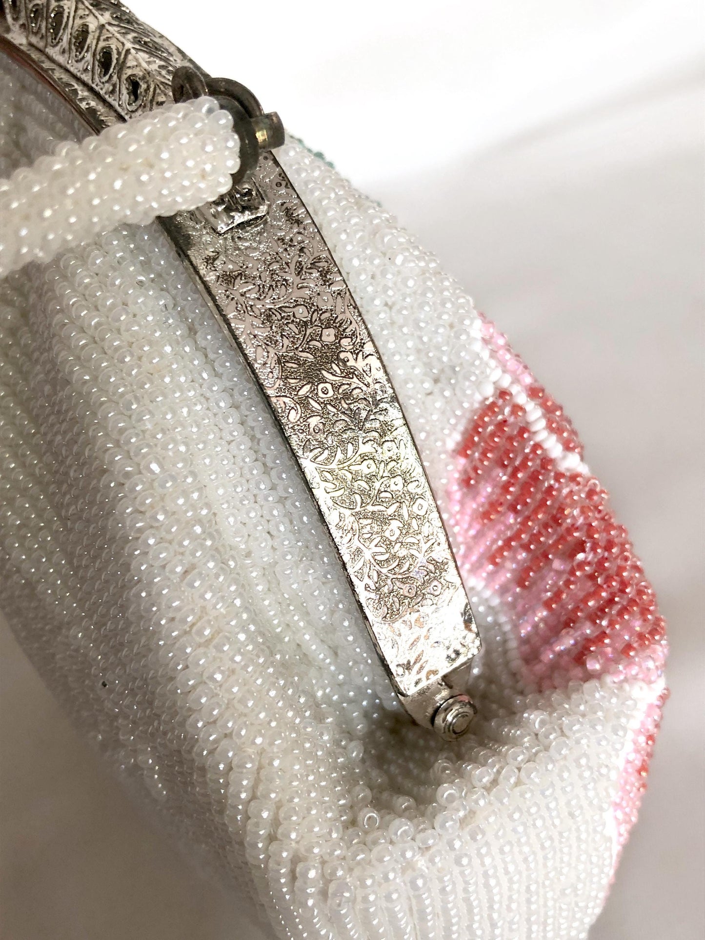 Mini vintage kimono handbag - beaded white and pink flowers