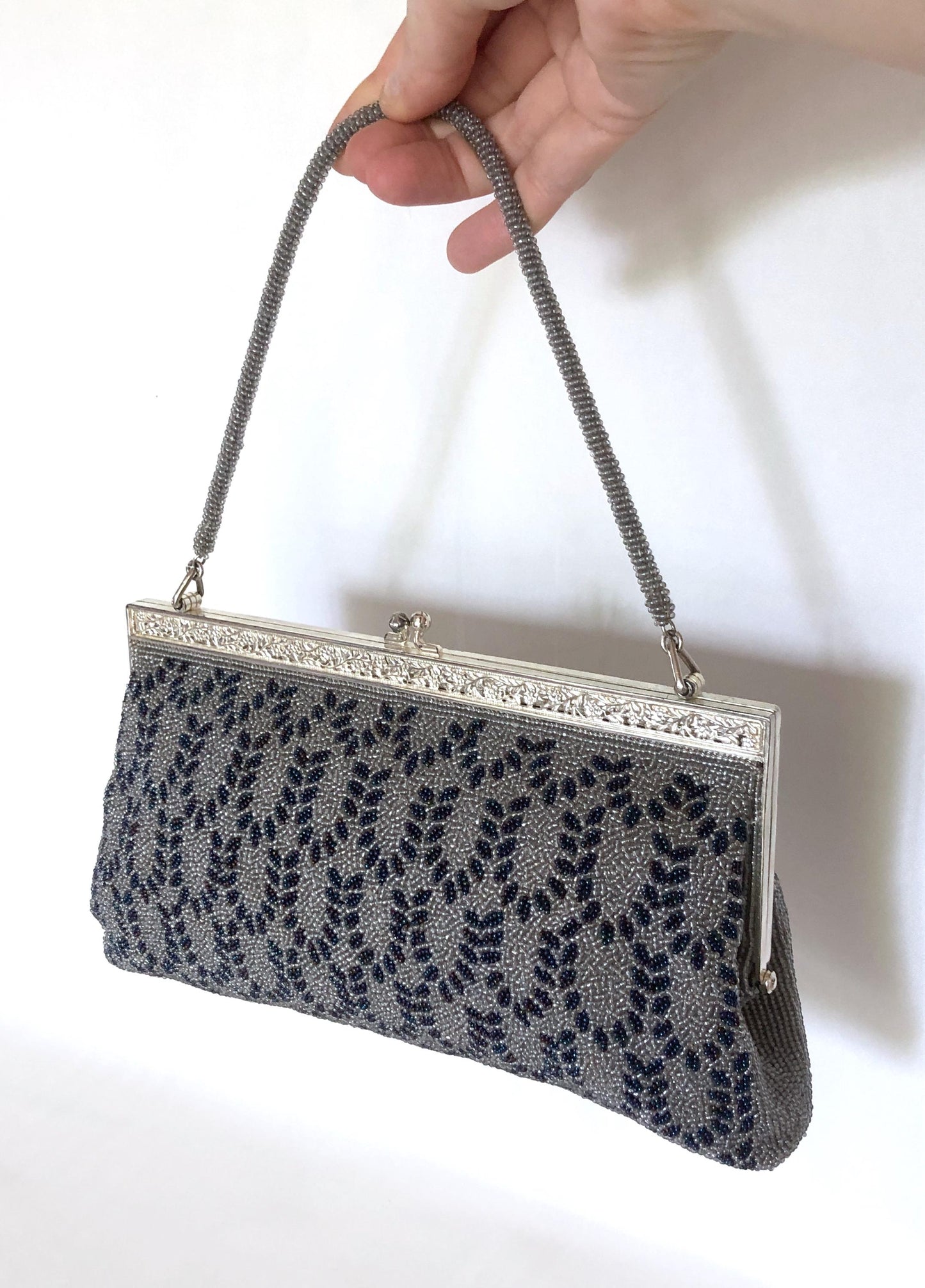 Vintage kimono handbag - beaded light gray and blue motif
