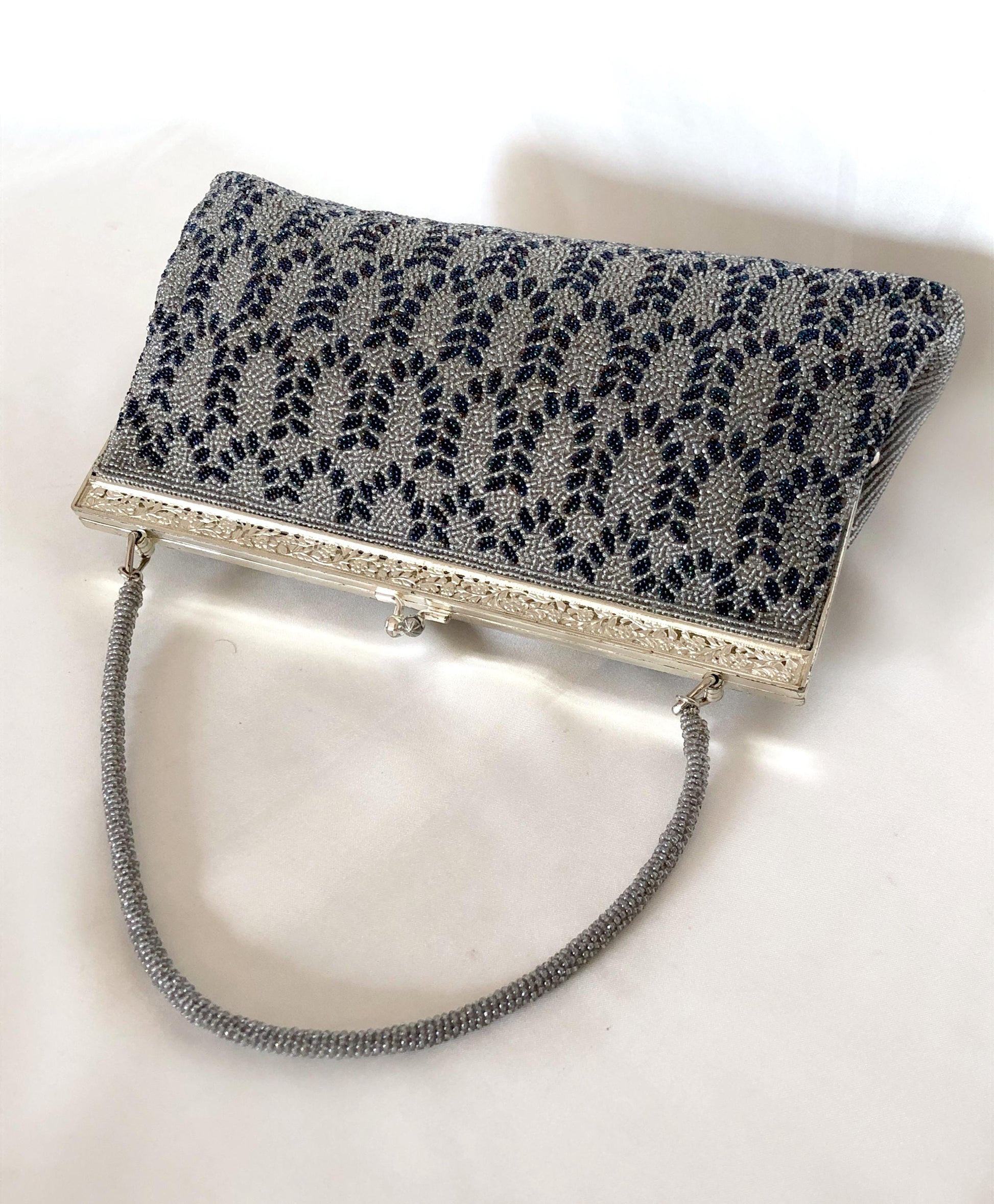 Vintage kimono handbag - beaded light gray and blue motif