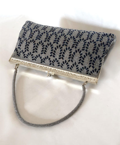 Vintage kimono handbag - beaded light gray and blue motif