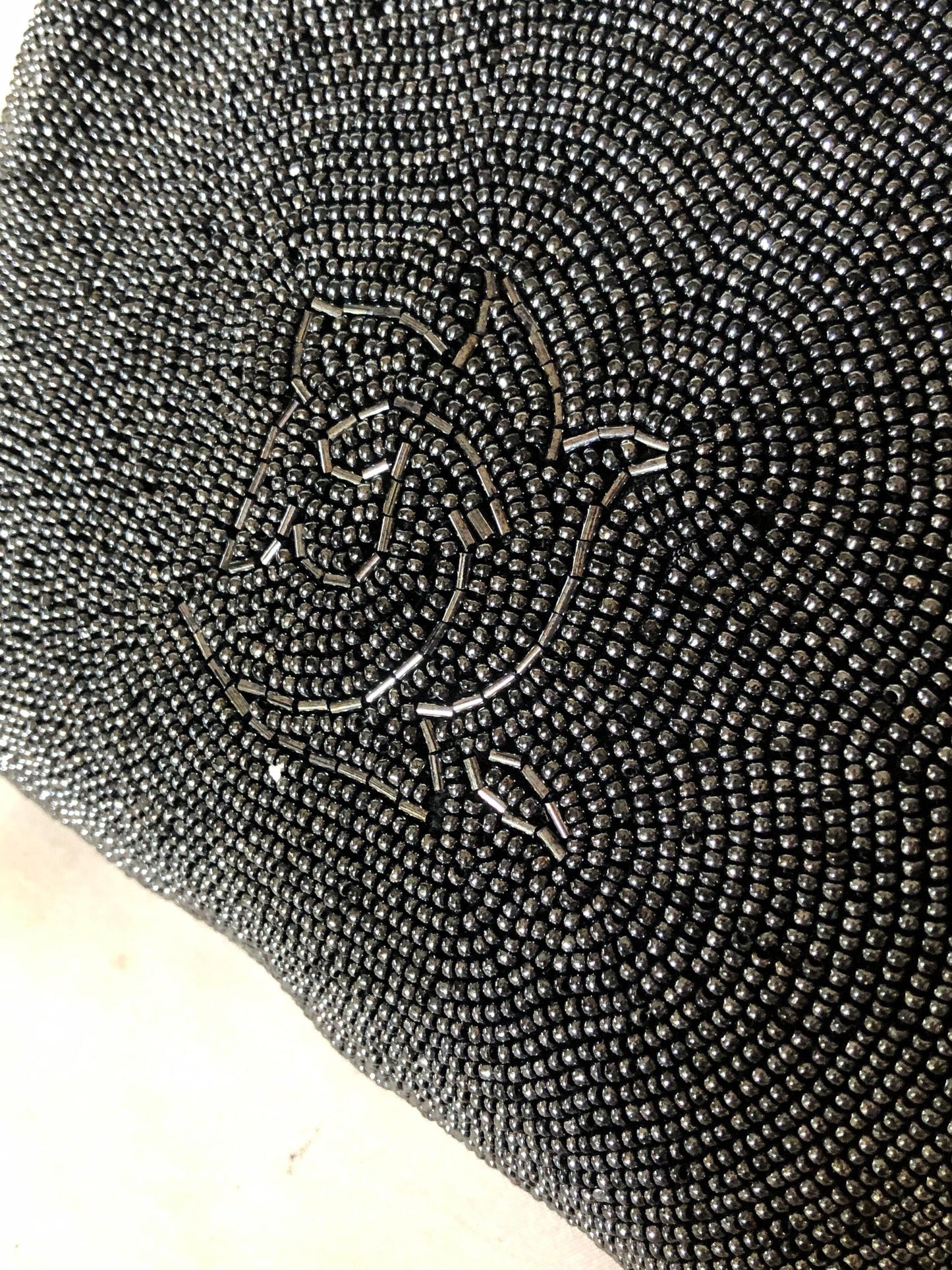 Vintage kimono handbag - beaded steel/black acanthus leaves