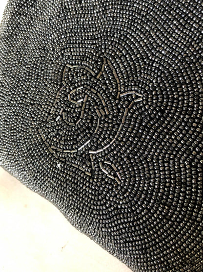 Vintage kimono handbag - beaded steel/black acanthus leaves