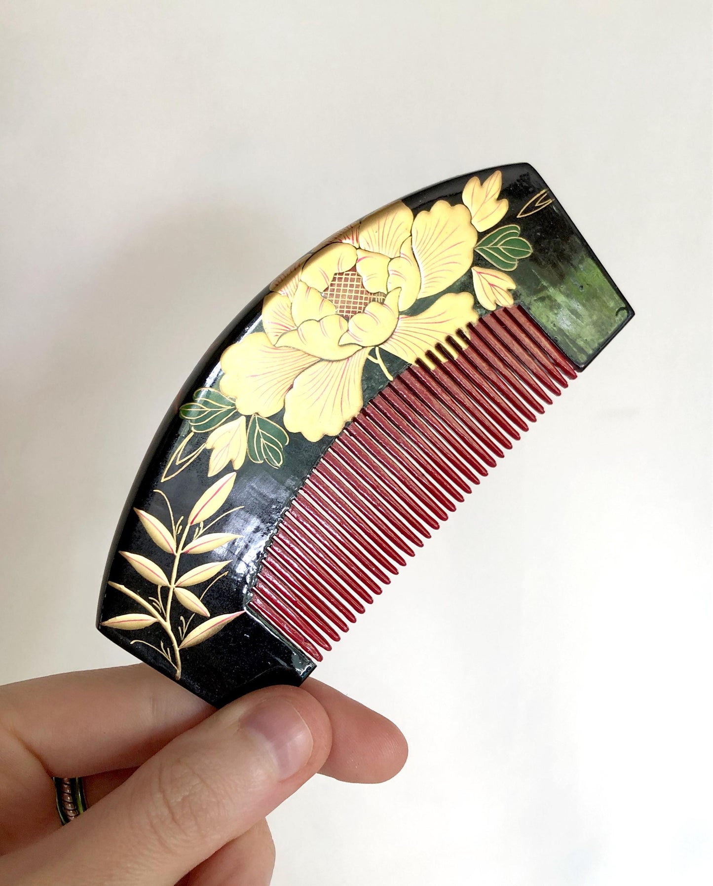 Unique Japanese hair accessory set - wooden comb and two pins with golden florals