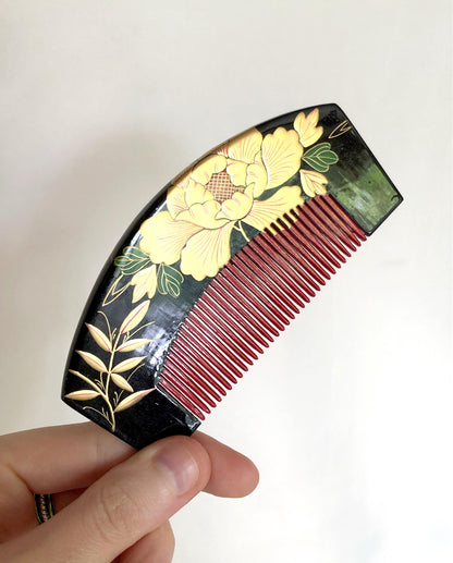 Unique Japanese hair accessory set - wooden comb and two pins with golden florals