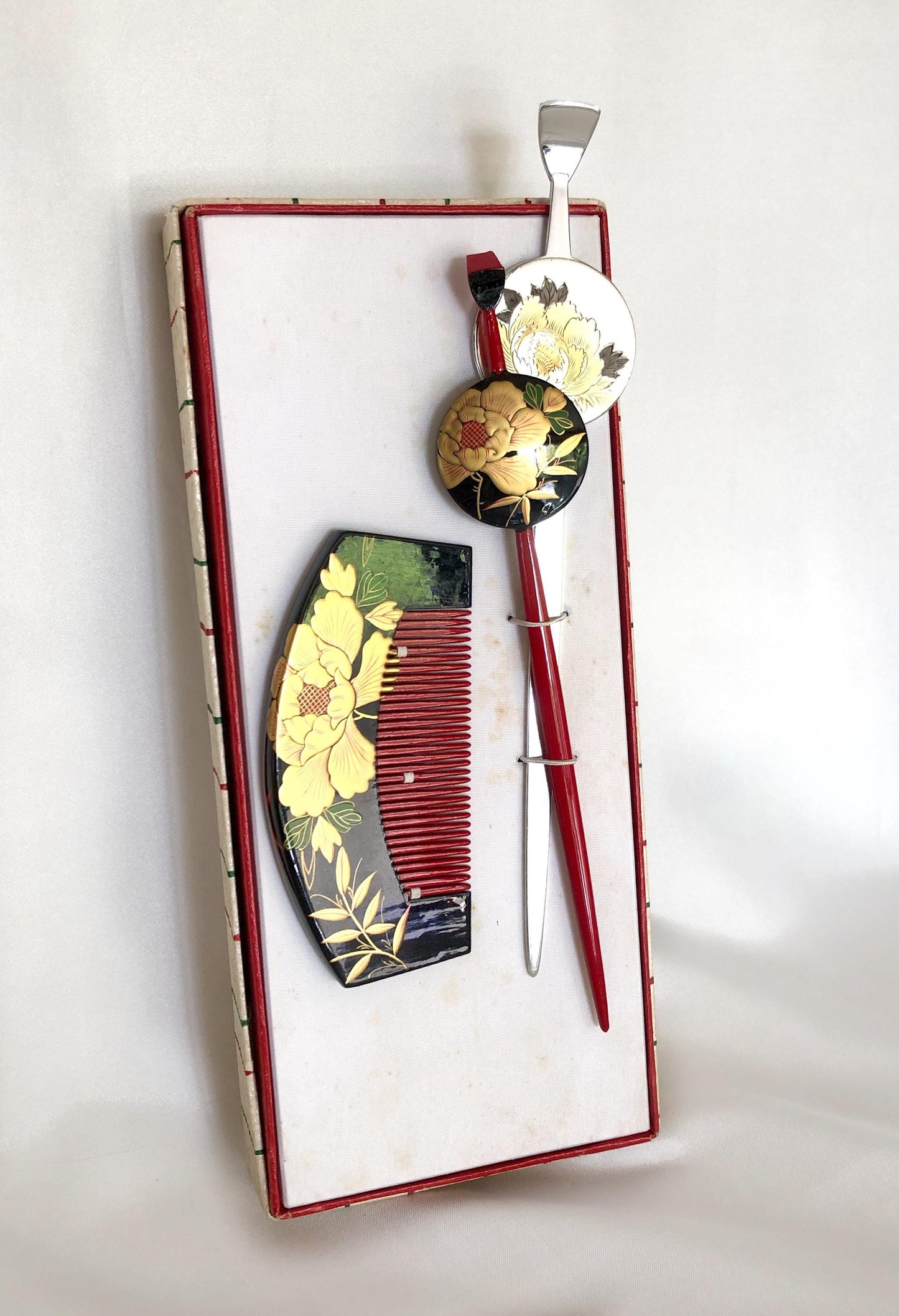 Unique Japanese hair accessory set - wooden comb and two pins with golden florals