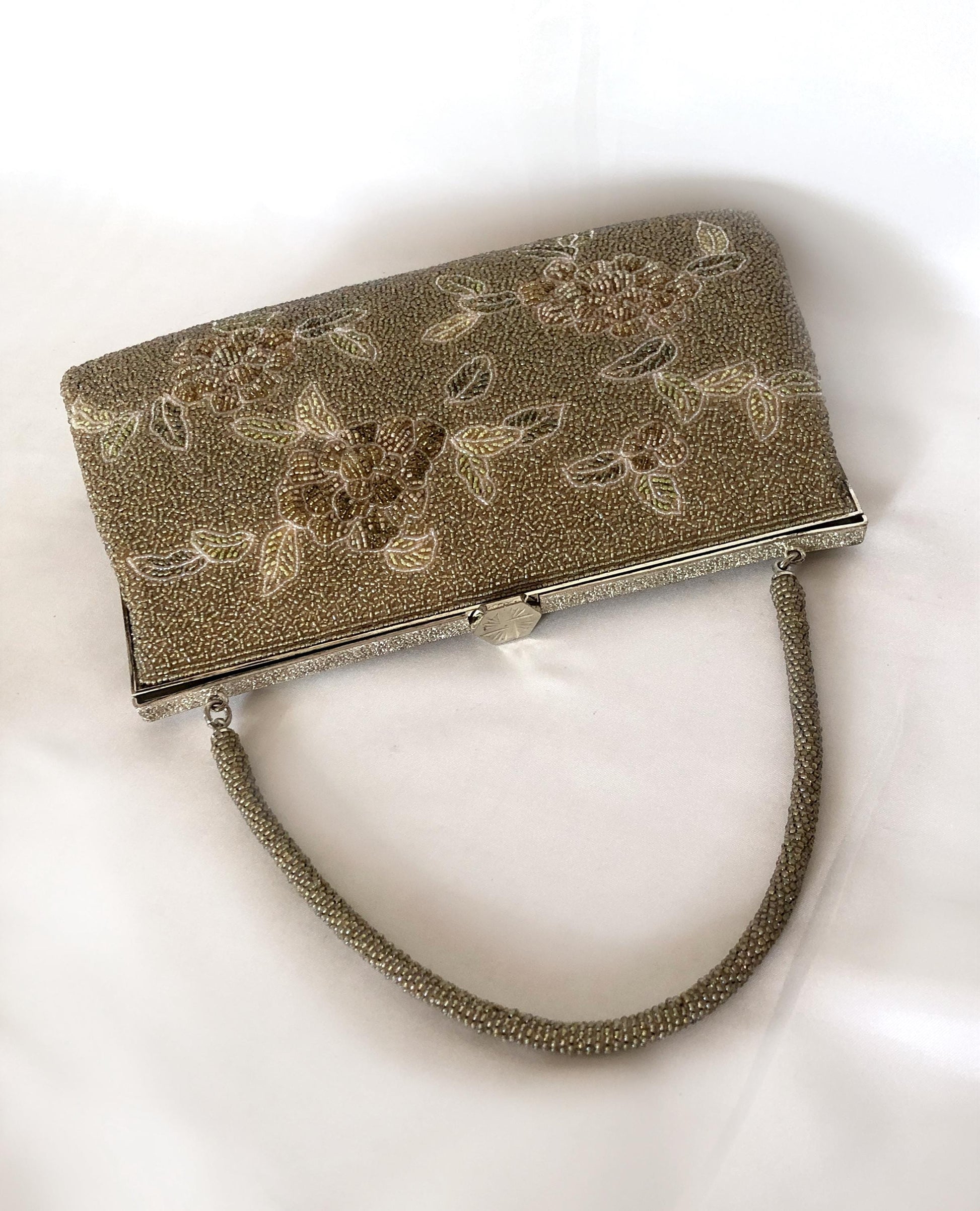 Vintage kimono handbag - beaded light golden florals