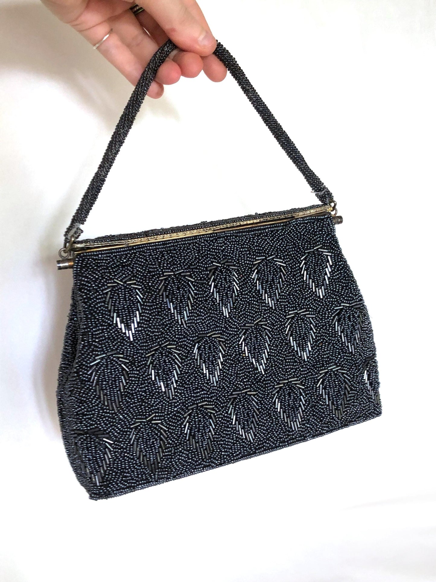 Vintage kimono handbag - beaded black scallops