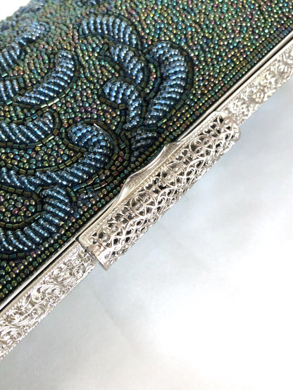 Vintage kimono 2-way handbag - metallic green and blue spider lily