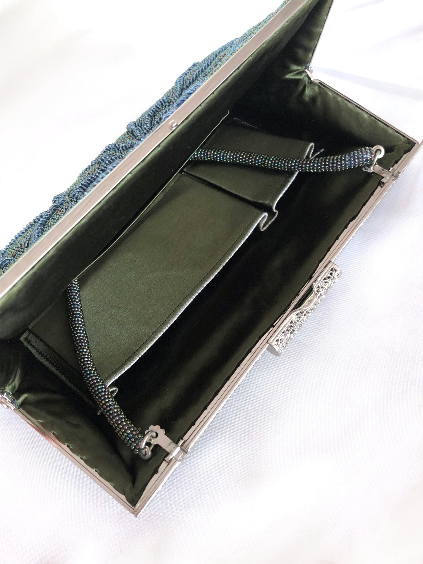 Vintage kimono 2-way handbag - metallic green and blue spider lily