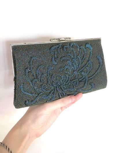 Vintage kimono 2-way handbag - metallic green and blue spider lily