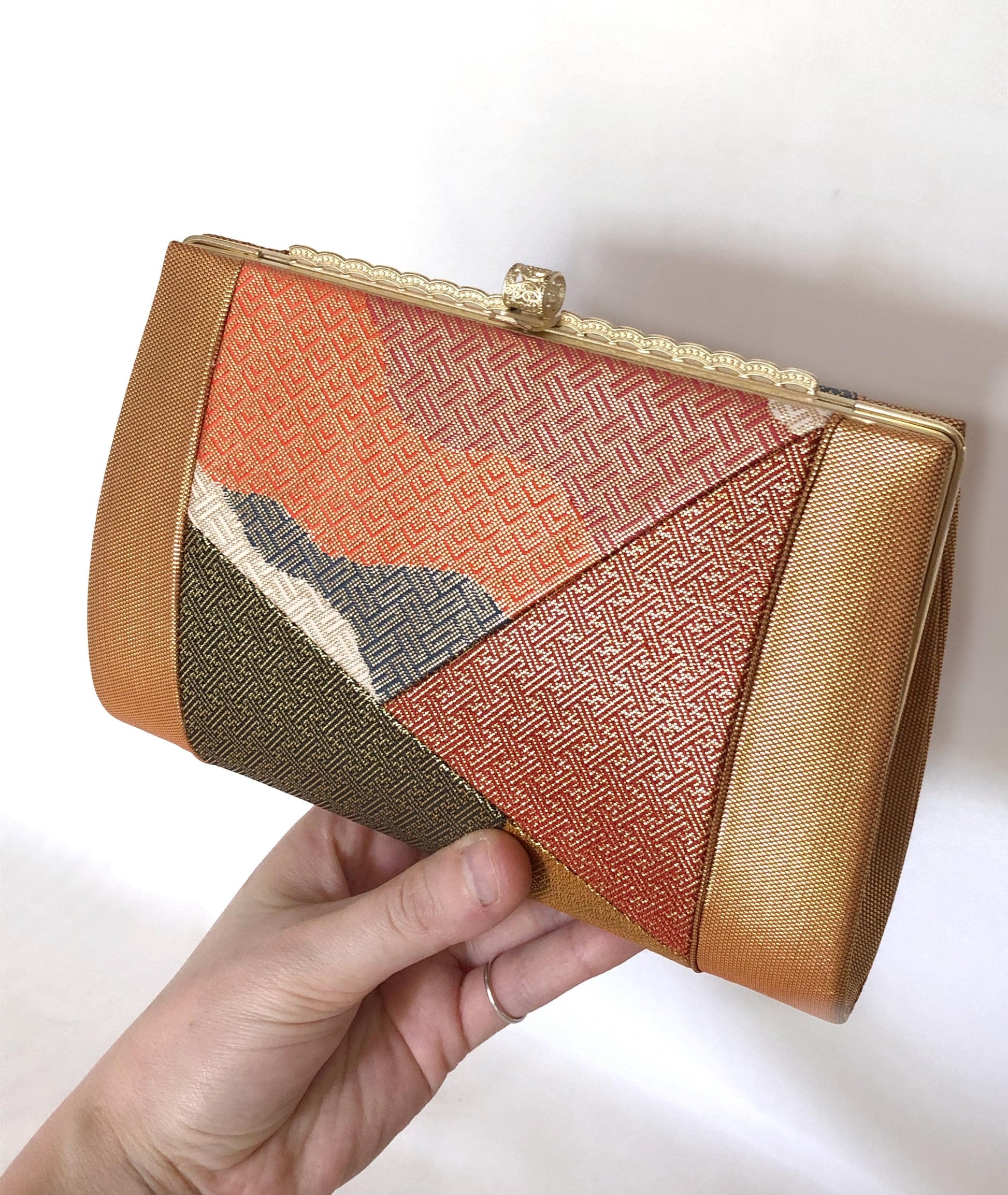 Vintage kimono handbag - two-way vibrant orange, red, and black with golden patterns