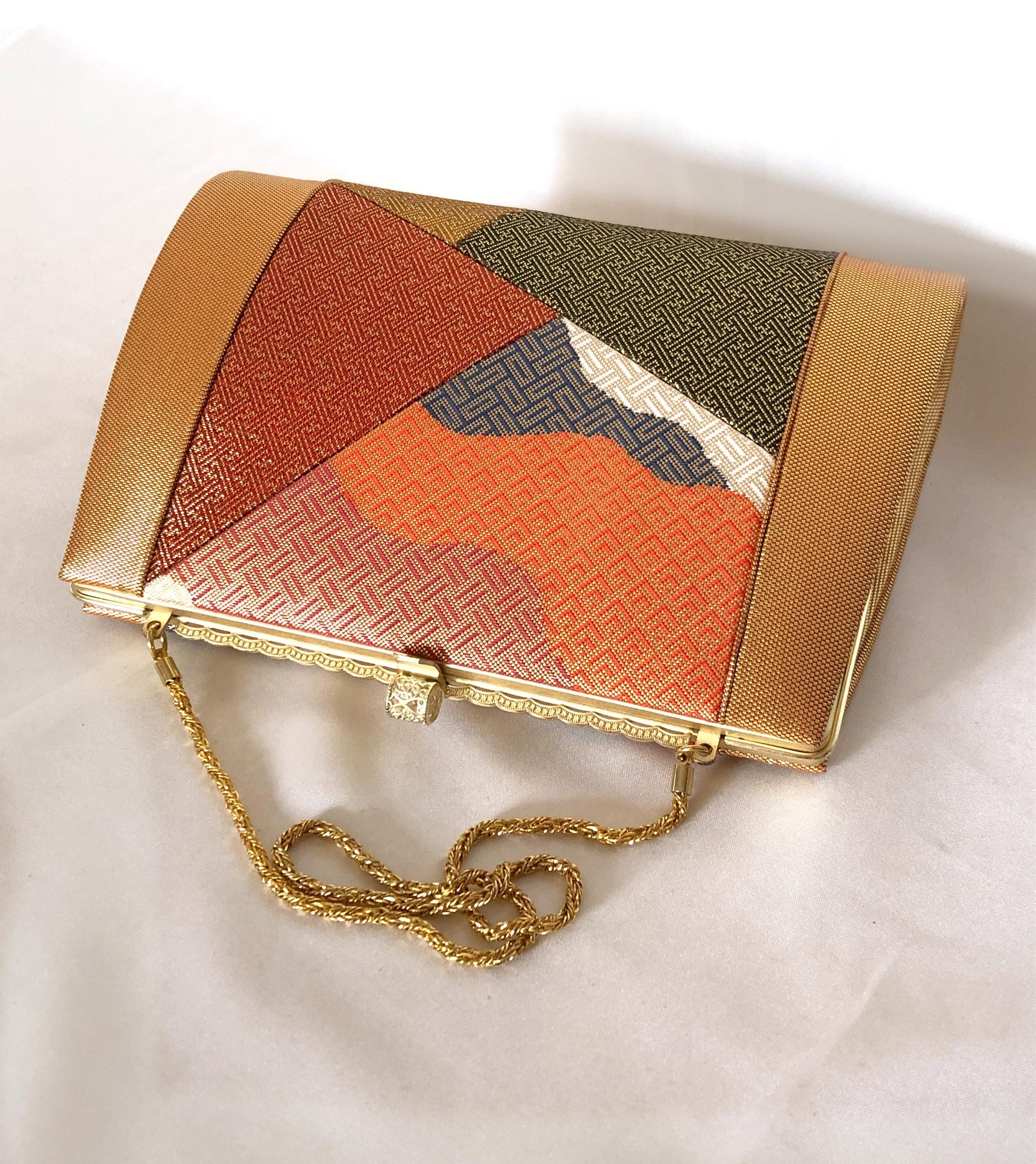 Vintage kimono handbag - two-way vibrant orange, red, and black with golden patterns