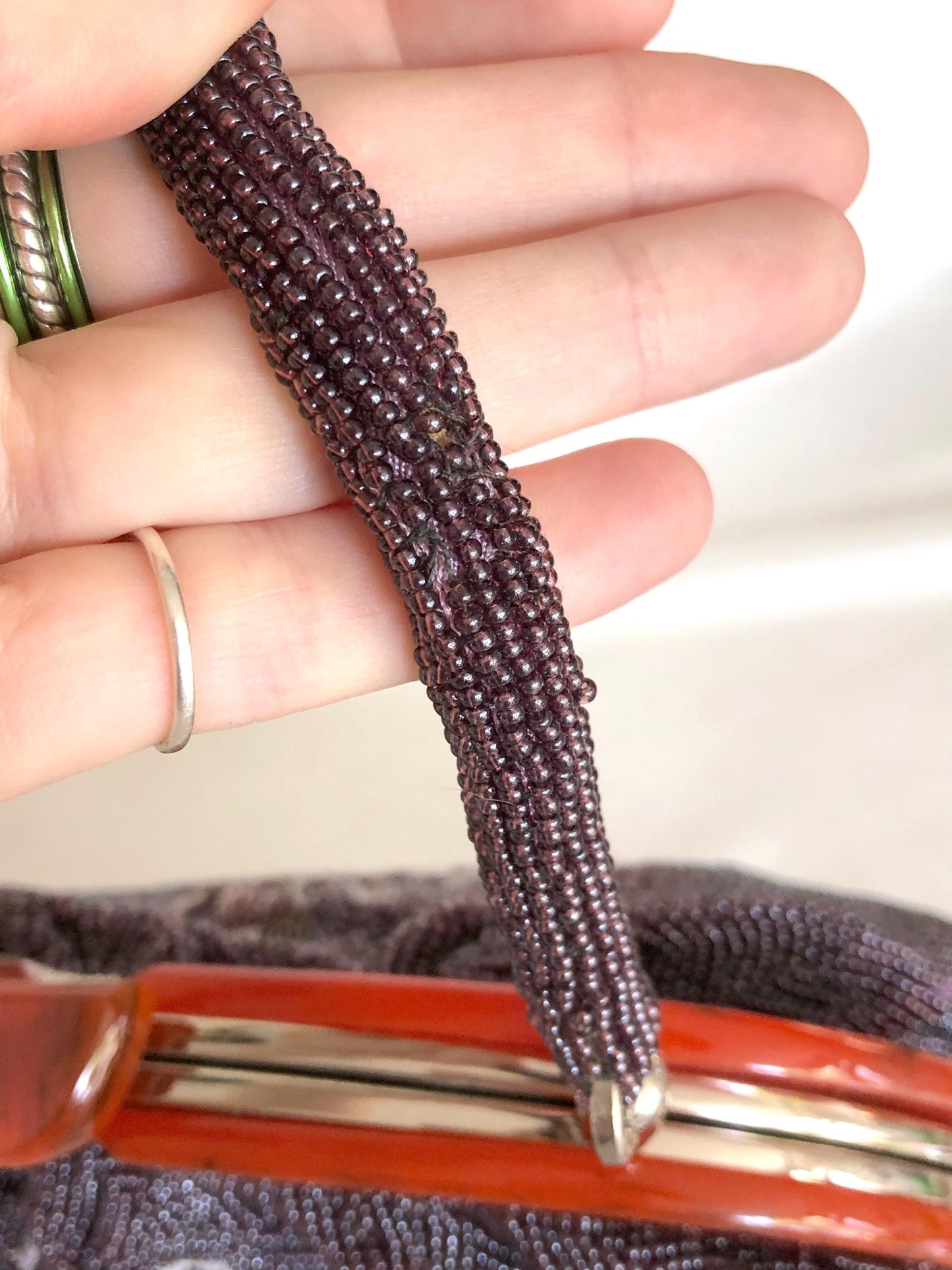 Vintage kimono handbag - big-sized beaded purple magnolias (B grade)
