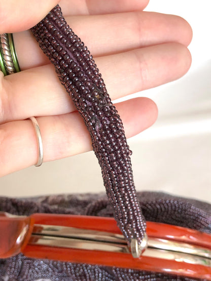 Vintage kimono handbag - big-sized beaded purple magnolias (B grade)