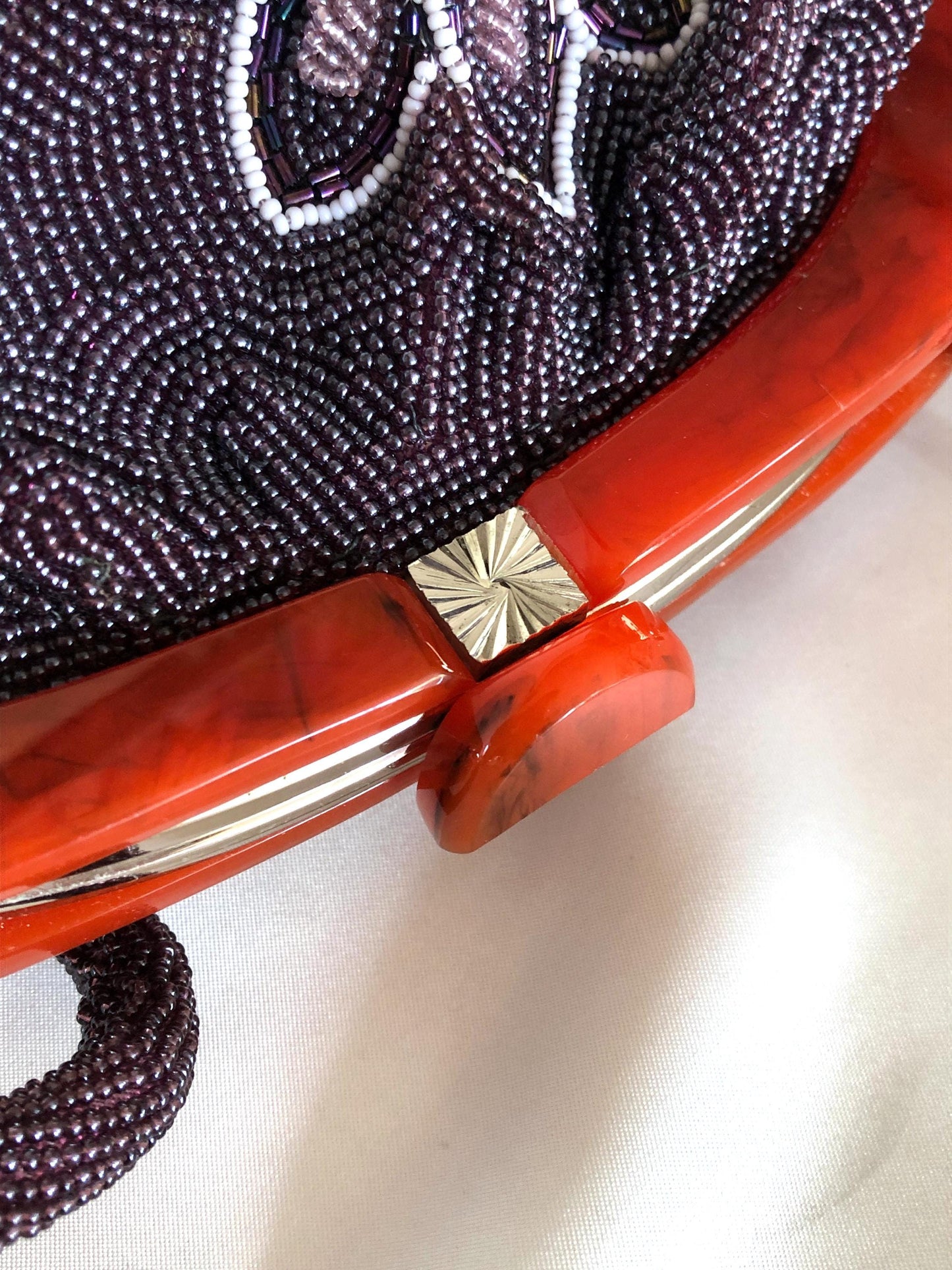 Vintage kimono handbag - big-sized beaded purple magnolias (B grade)