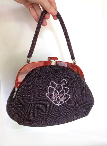 Vintage kimono handbag - big-sized beaded purple magnolias (B grade)