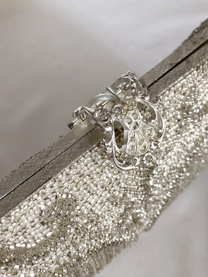 Vintage kimono handbag - 2-way beaded silver with ornamental clasp