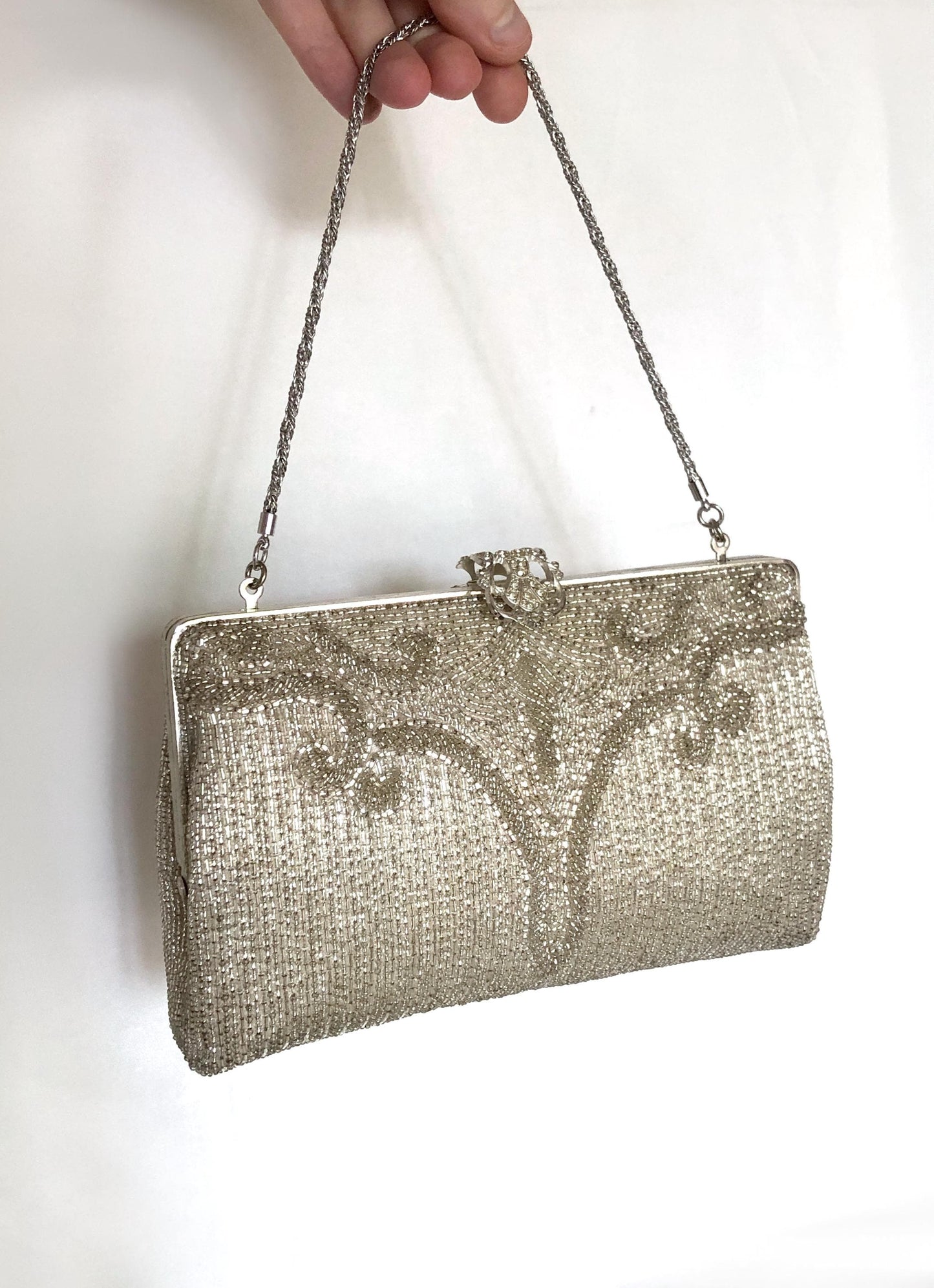 Vintage kimono handbag - 2-way beaded silver with ornamental clasp