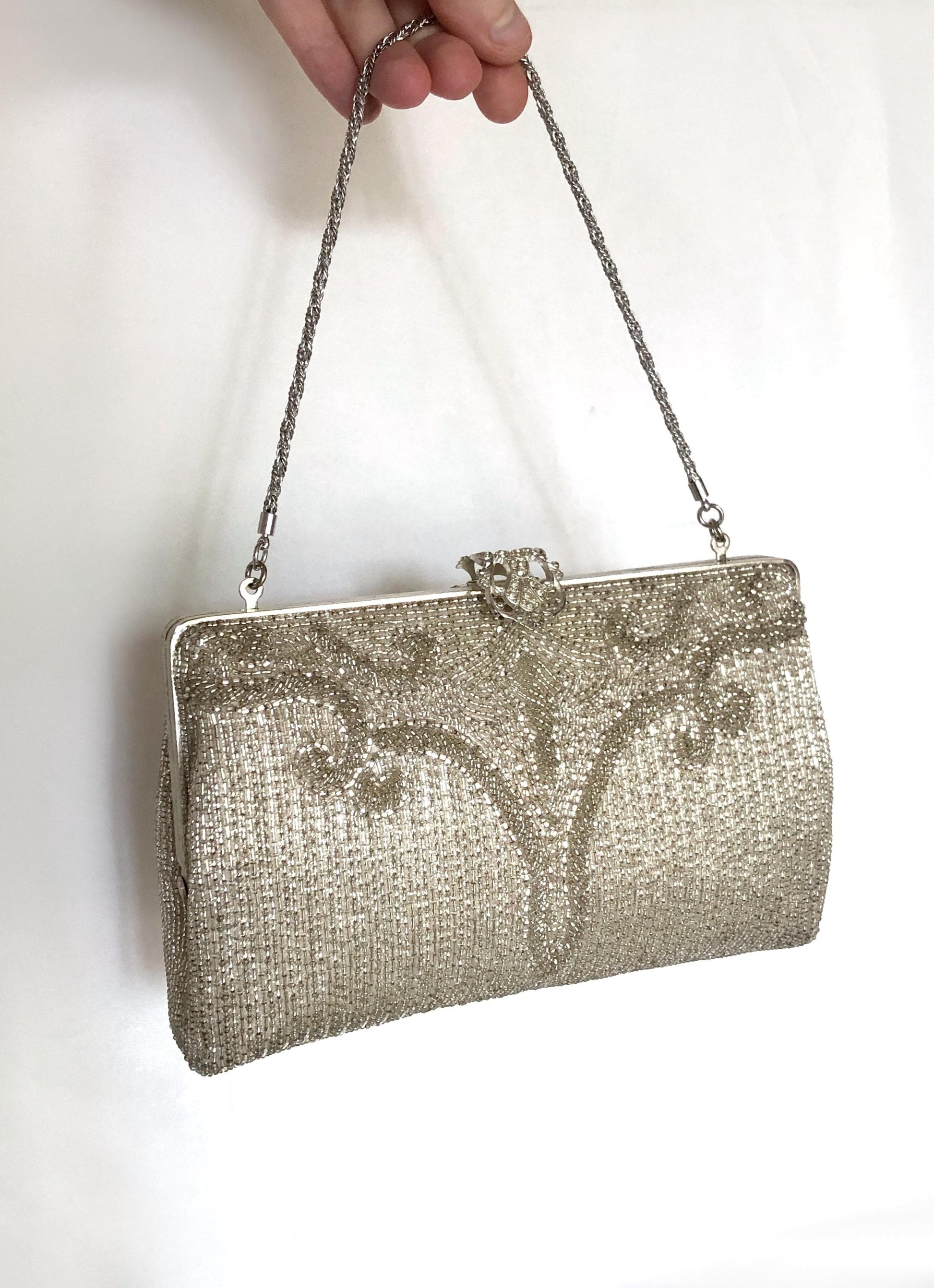 Vintage kimono handbag - 2-way beaded silver with ornamental clasp