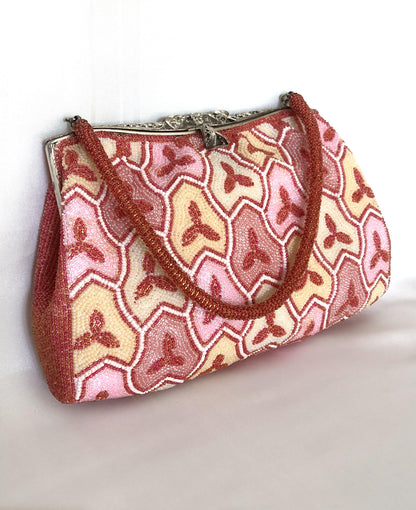 Vintage beaded kimono handbag - geometric coral, pink, and cream