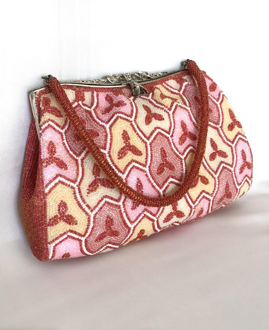 Vintage beaded kimono handbag - geometric coral, pink, and cream