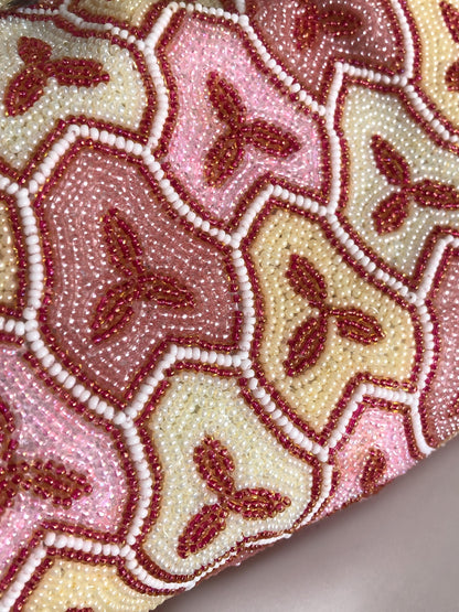 Vintage beaded kimono handbag - geometric coral, pink, and cream