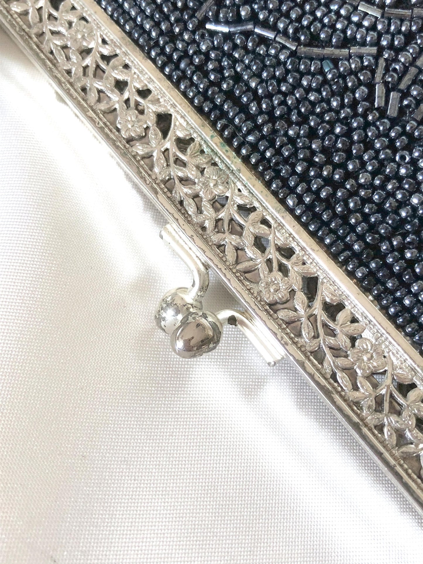 Vintage kimono handbag - beaded steel/black acanthus leaves