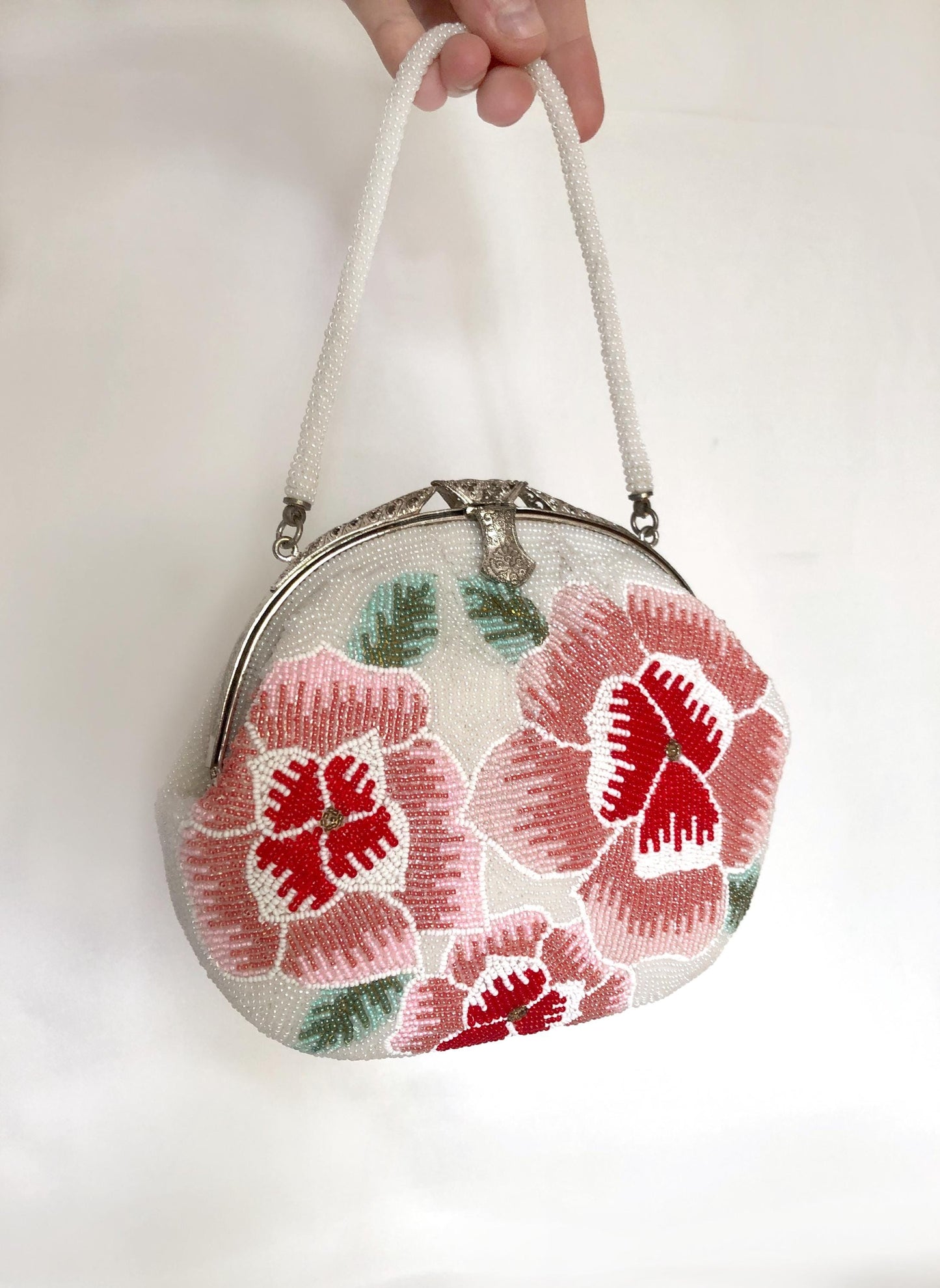 Mini vintage kimono handbag - beaded white and pink flowers