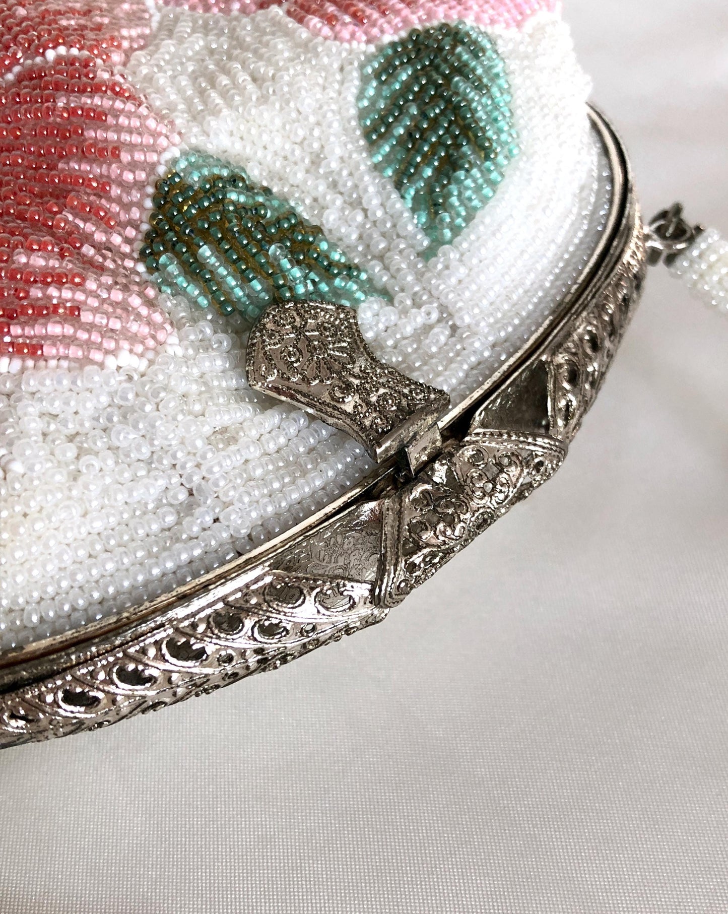 Mini vintage kimono handbag - beaded white and pink flowers