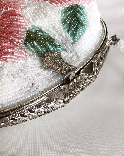 Mini vintage kimono handbag - beaded white and pink flowers