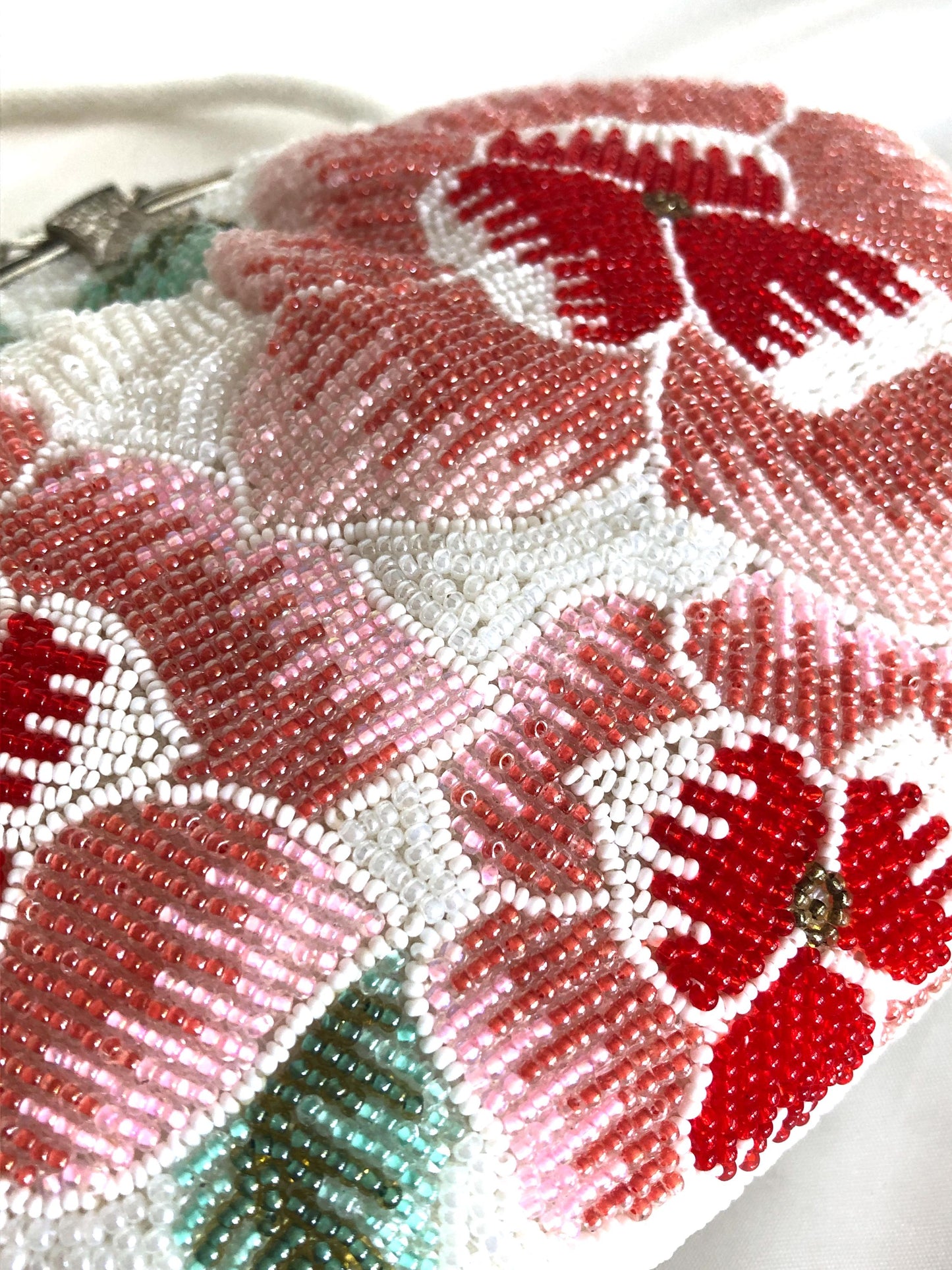 Mini vintage kimono handbag - beaded white and pink flowers